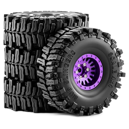 1.0" Beadlock Wheels and Tires for 1/24 SCX24 1/18 TRX4M RC Crawlers – Upgrade Parts (Purple, 4pcs) - color: Purple