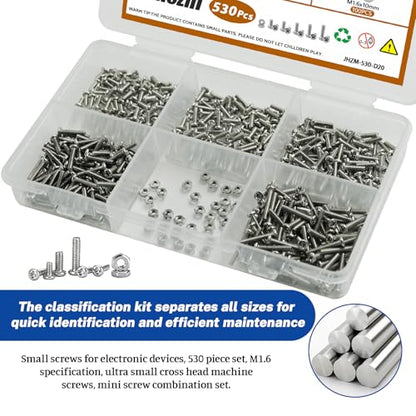 530Pcs M1.6 304 Stainless Steel Metric Micro Screws Nuts Assortment | M1.6x4/5/6/8/10mm Sizes, Phillips Pan Head, Fully Threaded Kit for Arduino, RC Models, Electronics, DIY Projects - size: M1.6x4/5/6/8/10- 530 Pcs
