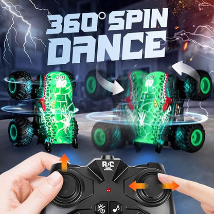 BEZGAR Monster Truck Toys，1:20 Remote Control Car with Light & Music | Green Dinosaur Toys for Kids,RC Truck with 360° Spins and Drifting, Toy Car Gifts for Boys, Battery Life of 20 Minutes - color: Green