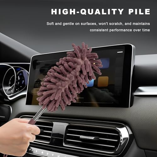 2PCS Car Interior Duster with Extension Pole, 11.8" to 30.5" Retractable Duster Washable Long Handle Cleaning Tool, Soft Chenille Detailing Brush for Auto Dash Vent Window (Khaki) - color: Khaki