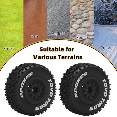 1/10 RC Short Course Tires 12mm Hex RC Wheels and Tires RC Truck Tires for RC Off-Road Car RC Car Wheels for Traxxas TRX4 Slash Arrma Losi Tenacity Vkar 10sc Hpi RC Buggy Car 4PCS (Style C) - Black