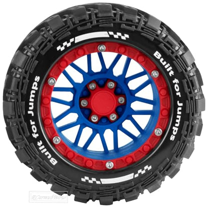 RC Wheels and Tires for 1/16 Scale,RCarmubWow Plastic Rim Rubber Tires for 1/16 Summit E-Revo Gorgon Grom,Mini Kraton 3S, M-J-X16207-16210, H-B-X16889 16890,S-C-Y16101-16106 RC Truck,Navy Blue&Red - color: Navy Blue W/Red(4pcs)