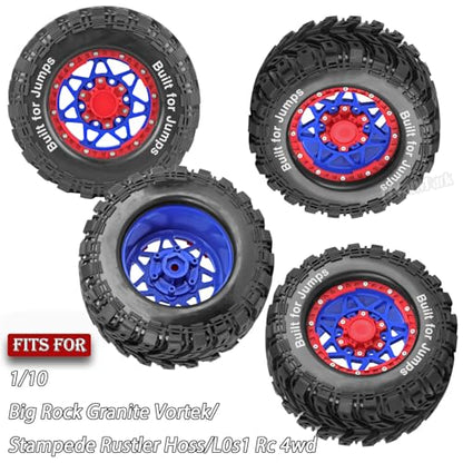 RC Truck Tires 12mm/14mm/17mm Hex RC Wheels and Tires for 1/10 Big Rock Granite Vortek/Stampede Rustler Hoss/L0s1 Rc 4wd,RC Monster Truck Car Wheel 4Pcs,Blue Red - color: Blue Red - (12mm/14mm/17mm Hex)