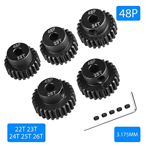 AIMROCK 5-Pack 48P RC Motor Pinion Gears Set: 22T 23T 24T 25T 26T Upgrade Parts for 1/10 RC Car 3.175mm Shaft Motor - size: 22T 23T 24T 25T 26T