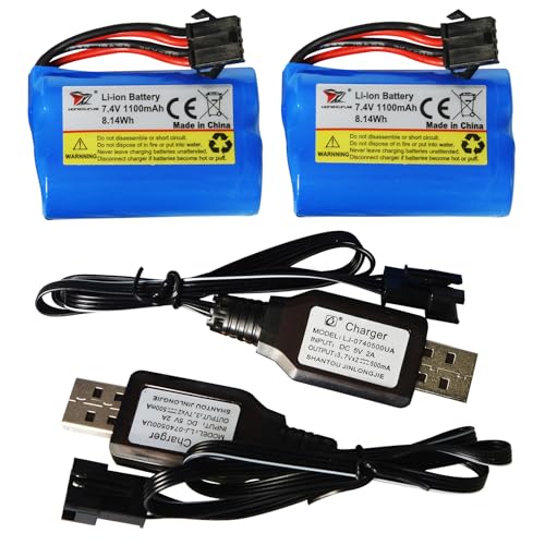 Blomiky 2 Pack 7.4V 1200mAh Li-ion Rechargeable Battery with SM-4P Connector Plug and USB Cable Replacement fit for HONGXUNJIE HJ808 HJ823 2.4GHz RC Boat / HJ808