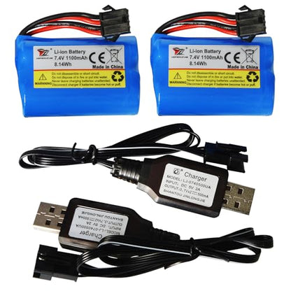 Blomiky 2 Pack 7.4V 1200mAh Li-ion Rechargeable Battery with SM-4P Connector Plug and USB Cable Replacement fit for HONGXUNJIE HJ808 HJ823 2.4GHz RC Boat / HJ808