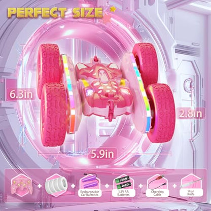 Remote Control Car for Girls, Pink RC Cars Stunt RC Car Girl Toys for Girls Double-Sided 360° Rotating with Headlights 4WD Kid Toys for Birthday Gifts (Pink) - color: Pink