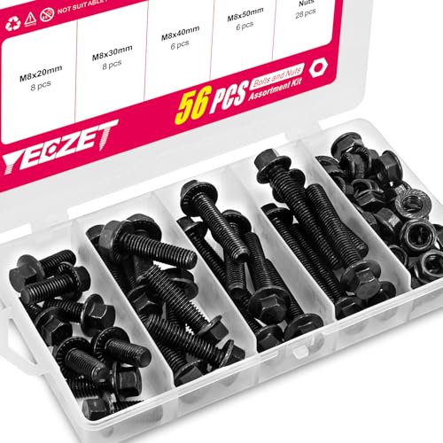 Hex Flange Bolts and Nuts Kit, Alloy Steel Grade 10.9, M8 x 1.25, 20mm 30mm 40mm 50mm, Black Oxide, 56 Pieces - color: 56PCS M8 Bolts and Nuts Kit