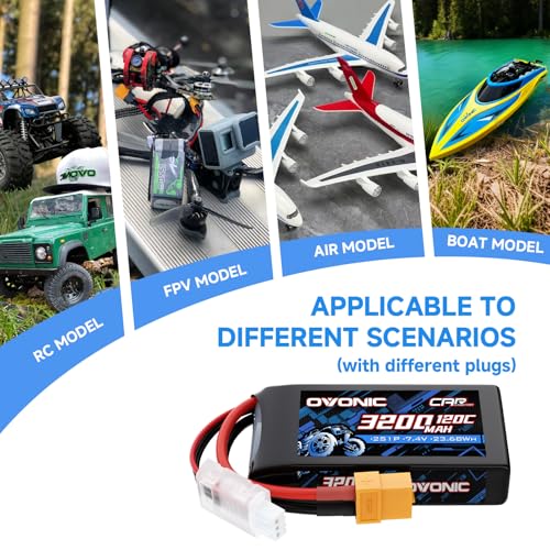 OVONIC 2S Lipo Battery 7.4V 3200mAh 120C with XT60 to EC3 Connector for RC Car Truck Vehicles Boat Drone Airplane Quadcopter Helicopter FPV Racing Hobby Models Pro Truck Boat Jet Basher 2 Batteries