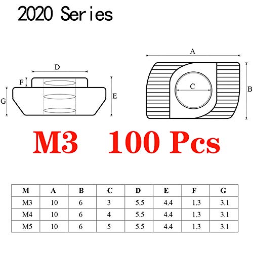 Still Awake 100pcs 2020 Series M3 T-Nuts, Nickel Plated Carbon Steel, 0.39" x 0.23" x 0.17", M3 Metric Thread - size: 2020 Series M3
