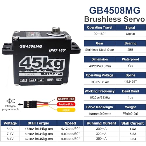 GOTECK 45KG Brushless Digital Servo Large Torque 8.4V Full Metal Gear IP67 Waterproof Steering Servo with 25T Servo Horn for 1/8 1/10 RC Crawler Car Robot Boat Truck Robot Parts (45KG(8.4V)-180°)