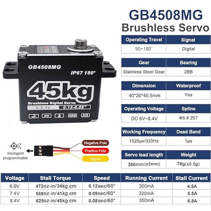 GOTECK 45KG Brushless Digital Servo Large Torque 8.4V Full Metal Gear IP67 Waterproof Steering Servo with 25T Servo Horn for 1/8 1/10 RC Crawler Car Robot Boat Truck Robot Parts (45KG(8.4V)-180°)