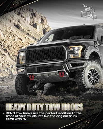 RENO F150 Tow Hook with 3/4" D-Ring Shackle, Front & Rear Recovery Hooks | CNC Aluminum, Front/Rear Mountable, Fits 2004-2025 F150/2010-2025 Raptor 2WD 4WD, OEM 4L3Z17A954AA,6L3Z17A954AA,FL3Z-17A954-F - color: Tow Hooks w/ Red D-ring, size: F150 Front/Rea