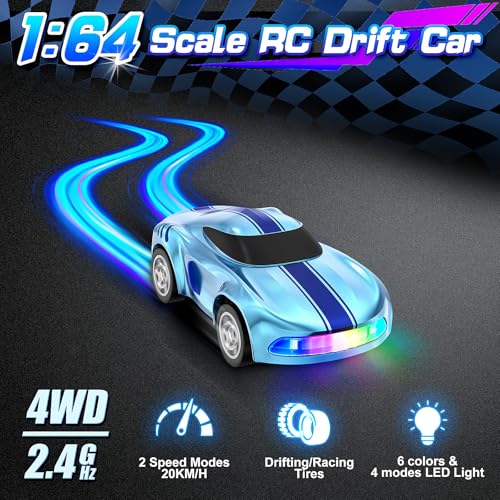 RC Drift Car, 1/64 Mini Drift RC Cars 4WD Micro Remote Control Car with LED Lights and Speed Switch, Ideal Birthday Cars Toys for Adults Kids Boys Age 6 7 8-12, Blue - color: Blue