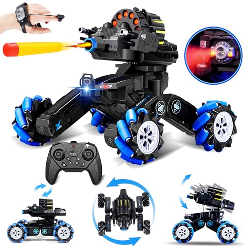 RC Tank that Shoots, Gesture Sensing RC Tank for Boys 8-12 | Hand Gesture & Remote Drift Remote Control Trucks, 2.4GHz Battle Soft Bullets, Spray, Music, LED Lights, Kids Gift - color: Blue & Soft Bullets