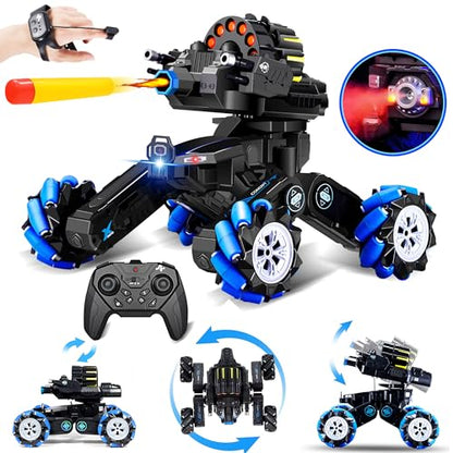 RC Tank that Shoots, Gesture Sensing RC Tank for Boys 8-12 | Hand Gesture & Remote Drift Remote Control Trucks, 2.4GHz Battle Soft Bullets, Spray, Music, LED Lights, Kids Gift - color: Blue & Soft Bullets