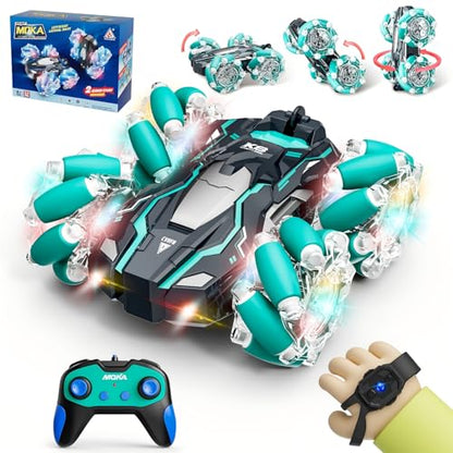 Highspeed 1:16 Scale 15 KM/H Gesture Sensing RC Stunt Car Toddler Toy, 4WD RC Car with LED Lights, 2.4GHz Gesture Control Sensing Sensitive & Strong Battery Toys Suitable for Father's Day/Birthday - color: Rc Stunt Car-green