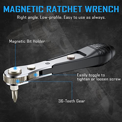 GreaTalent 37pc Mini Ratchet Wrench Screwdriver Bit Set with 1/4 inch S2 Steel Bits, 36-Tooth, Magnetic Bit Holder Quick Release, Low Profile 90 Degree Right Angle Offset Reversible Drive Handle | S2 Steel 1/4" Hex Shank Magnetic Bit Holder, 36-Tooth Gear
