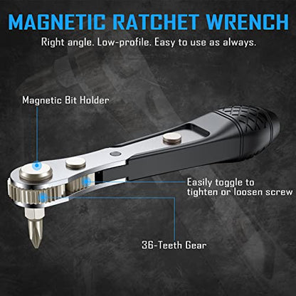 GreaTalent 37pc Mini Ratchet Wrench Screwdriver Bit Set with 1/4 inch S2 Steel Bits, 36-Tooth, Magnetic Bit Holder Quick Release, Low Profile 90 Degree Right Angle Offset Reversible Drive Handle | S2 Steel 1/4" Hex Shank Magnetic Bit Holder, 36-Tooth Gear