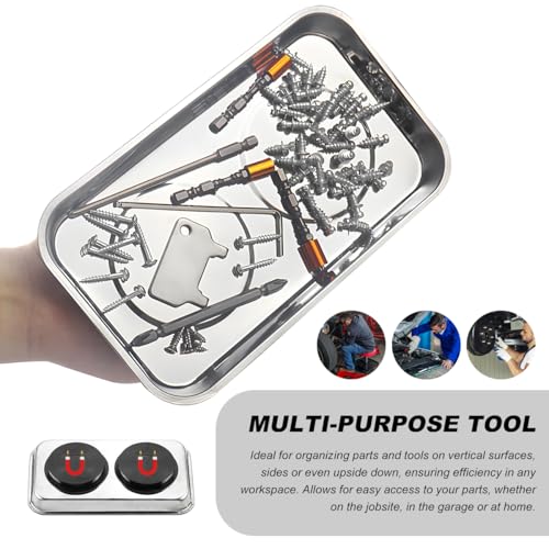 4PCS Magnetic Tray Set with Magnet Stick, Round Rectangular Tray Metal Parts Holder w/Telescoping Pickup Tool, Automotive Stainless Steel Thickened Trays for Screws, Nuts, Bolts