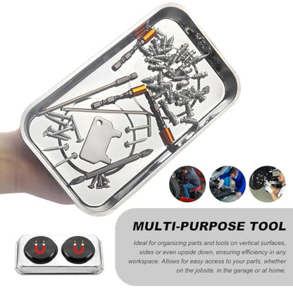 4PCS Magnetic Tray Set with Magnet Stick, Round Rectangular Tray Metal Parts Holder w/Telescoping Pickup Tool, Automotive Stainless Steel Thickened Trays for Screws, Nuts, Bolts