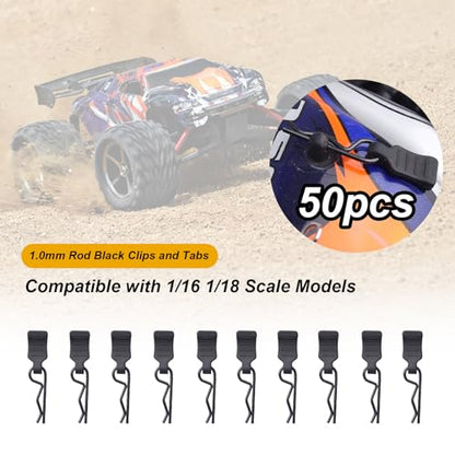 HobbyPark 50pcs Universal 1/16 1/18 SCX24 RC Body Clips with Pull Tabs Black RC Car R Pins Small for Traxxas TRX4M RC Vehicles Truck Buggy Shell Replacement Parts - size: 1.0mm Rod Black Clips and Tabs