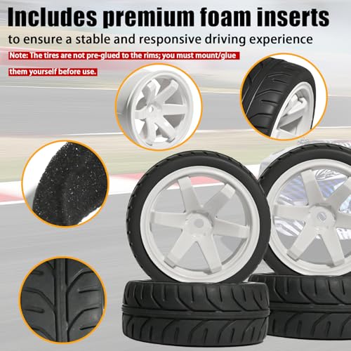 OD 2.55" On Road Rubber Tires Plastic Wheel Rims 12mm Hex for 1/10 RC Car | Compatible with MJX HSP Tamiya HPI Kyosho Traxxas Sakura Redcat WLtoys 1/10 RC On-Road Racing Touring Car (4pcs, White) - style: B-White