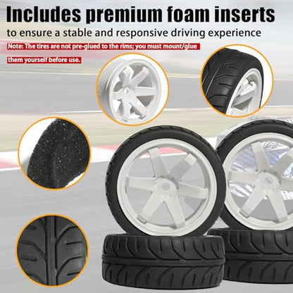 OD 2.55" On Road Rubber Tires Plastic Wheel Rims 12mm Hex for 1/10 RC Car | Compatible with MJX HSP Tamiya HPI Kyosho Traxxas Sakura Redcat WLtoys 1/10 RC On-Road Racing Touring Car (4pcs, White) - style: B-White