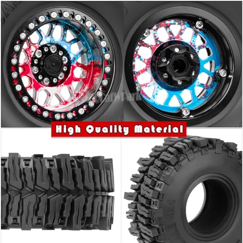 Aluminum 2.2 Wheel Tires for 1/10 SCX10 SCX10 II SCX10 III SCX10 Pro TRX4 TRX6 Gen7/8 D90 VS4-10 MST CFX RC Crawler Car,2.2 Beadlock Wheel Off Road Buggy Rally RC Truck Tires,Colorful(Red Blue Tone) - color: Colorful(red Blue Tone) - (4pcs Tires)