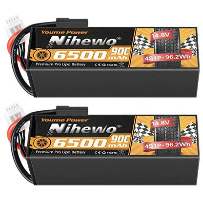 4S RC Battery 14.8V 6500mAh 90C Hard Case 2Pcs for RC Car Truck Boat | 14.8V Lipo Battery 90C for 1/5-1/8 RC Car/Trucks/buggy boats plane, hard case durability. TX plug + EC5 adapter.2-pack value