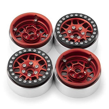 MOHERO Aluminum 1.9'' Alloy Beadlock Wheel Rims for 1/10 RC Axial SCX10 SCX10-II SCX10-III TRX4 CC01 D90 TRX4 Crawler Car Pack of 4 (Red+Black) - color: Red+black