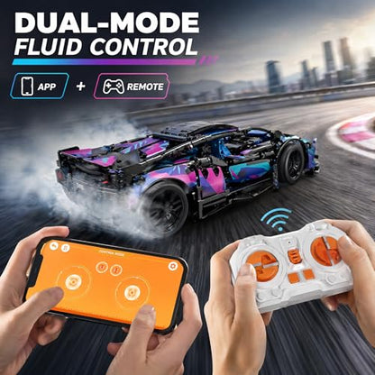 RC Car Building Kit, 1:14 App Control Car Kit with LEDs | car kit with 825 pieces, LED lights, app play, and 2.4GHz remote control; built for family building, indoor driving, display. - color: Cyberspace Blue