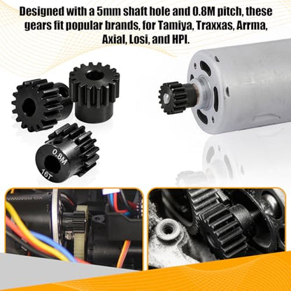 3-Pack Steel Metal 0.8M 5mm Pinion Motor Gear Sets 16T Compatible with HPI Kyosho Losi Axial Tamiya 1/8 1/10 RC Car Monster Truck Buggy, 0.8 Module Gear for Traxxsa Arrma - style: 3Pcs 16T