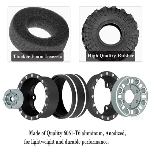 RC 1.0 Beadlock Wheels and Tires for 1/18 1/24 Trx4m SCX24 FMS FCX24 RC Crawler Car,Aluminum 4pcs RC Wheel Rim Soft Rubber Tires,RC Wheels 1.0,Titanium - color: Titanium (1.0 in Tires)