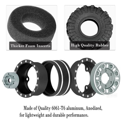 RC 1.0 Beadlock Wheels and Tires for 1/18 1/24 Trx4m SCX24 FMS FCX24 RC Crawler Car,Aluminum 4pcs RC Wheel Rim Soft Rubber Tires,RC Wheels 1.0,Titanium - color: Titanium (1.0 in Tires)