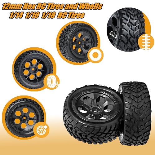 12mm Hex RC Wheels and Tires for Hyper Go H16BM H14BM Tires and Wheels 1/14 1/16 with Foam Inserts for Traxxas Wltoys 144001 etc 1/18 RC Car Street Tires Wheels Preglued