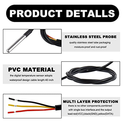 BOJACK DS18B20 1M Temperature Sensor Probe Stainless Steel(Pack of 2） | 1M Temperature Sensor Package Waterproof - size: 2 Pcs