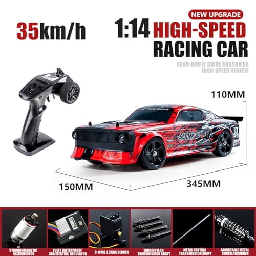 RC Drift Car, 1/14 Scale RC Race Car with Spray, Cool LED Lights, 2.4G 4WD High Speed 35KM/H Drifting Cars, Proportional Throttle with 2 Batteries RTR Gifts for Teen Adults