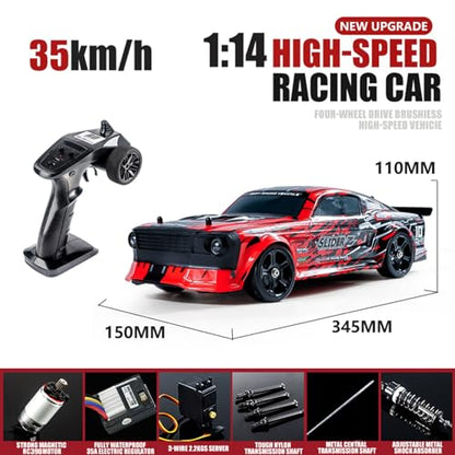RC Drift Car, 1/14 Scale RC Race Car with Spray, Cool LED Lights, 2.4G 4WD High Speed 35KM/H Drifting Cars, Proportional Throttle with 2 Batteries RTR Gifts for Teen Adults