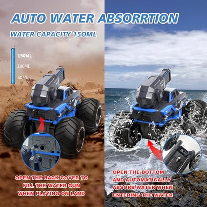 Amphibious Remote Control Car Boat Water Squirt RC Tank 2.4GHz Gesture Sensor 4WD Monster Truck Waterproof RC Car for 6 7 8 9-12 Kids Girls Boys Gift Beach Pool Water Toy With 2 Replaceable Batteries - color: Bule