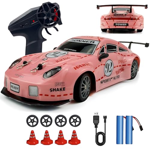 HTURCCOP RC Drift Car 2.4GHz 1:24 Scale 4WD High Speed Remote Control Cars Vehicle with LED Lights Two Batteries and Drifting Tires Racing Sport Toy Cars for Adults Boys Girls Kids Pink - color: Pink