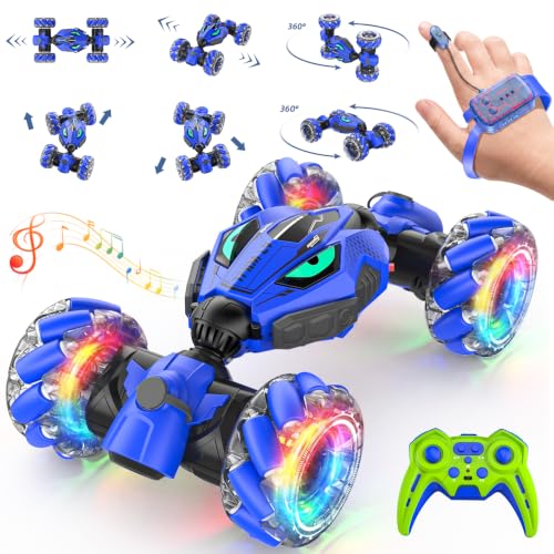 VisionX RC Stunt Cars, Unique 2.4GHz 4WD 360° Rotating Gesture Sensing | Boys and Girls Ages 6-12, Double‑Sided Driving RC Drift Car, Birthday and Christmas Cool Car Toys Gifts for Kids, 2 Batteries - color: Vibrant Blue