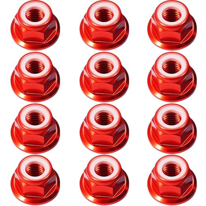 12Pcs M4 Flange Nuts Aluminum, M4-0.7mm Hex Flange Nylon Insert Lock Nuts for 1/10 Scale RC Car Traxxas Slash 4x4 2WD Stampede VXL Rustler VXL HPI Redcat Axial Racing Truck Buggy Crawler Wheels Red - color: Red, size: 12Pcs