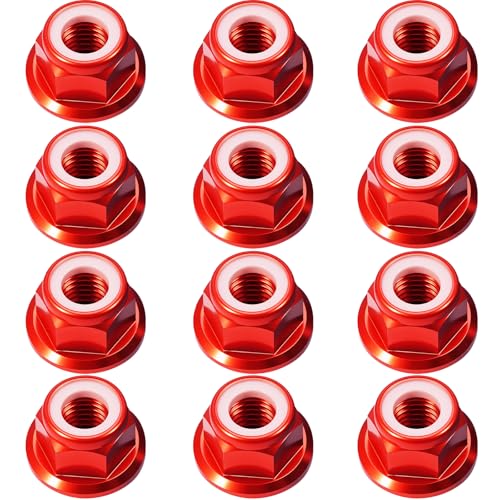 12Pcs M4 Flange Nuts Aluminum, M4-0.7mm Hex Flange Nylon Insert Lock Nuts for 1/10 Scale RC Car Traxxas Slash 4x4 2WD Stampede VXL Rustler VXL HPI Redcat Axial Racing Truck Buggy Crawler Wheels Red - color: Red, size: 12Pcs