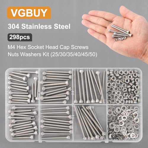 VGBUY 298pcs M4 Screws Assortment, M4 Screws Bolts for 3D Printer DIY, Hex Socket Head Cap Screw Bolts Nuts Washer Kit, 304 Stainless Steel, 25/30/35/40/45/50mm - size: M4x25/30/35/40/45/50mm, style: Socket Head