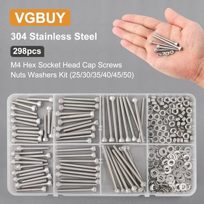 VGBUY 298pcs M4 Screws Assortment, M4 Screws Bolts for 3D Printer DIY, Hex Socket Head Cap Screw Bolts Nuts Washer Kit, 304 Stainless Steel, 25/30/35/40/45/50mm - size: M4x25/30/35/40/45/50mm, style: Socket Head