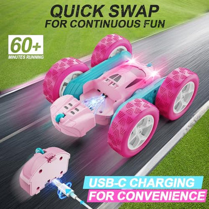 QUNREDA RC Cars, Pink Remote Control Car for Girls, 2.4 GHZ Double Sided RC Stunt Car 360° Rotating Remote Control Crawler with Headlights Car Toys for 6 7 8 9 10 11 12 Girls Birthday Gift Grandkids - color: Pink