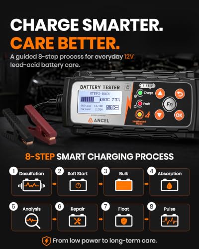 ANCEL BT521 12V Smart Battery Charger and Tester, 5A Lead-Acid Battery Maintainer with Health Test, Cranking Test, Charging System Test, Pulse Desulfator for Car RV Boat Motorcycle Lawn Mower