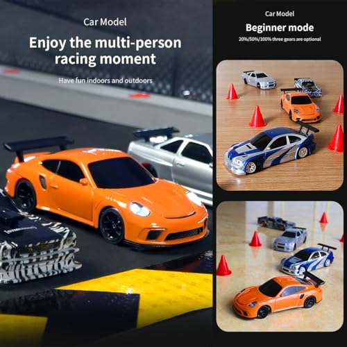 1/43 Scale RC Drift Car, 2.4GHz Full Proportional Mini Racing Car with Lights, 4WD Electric RTR Remote Control Car, Includes Drift & Racing Tires, Traffic Cones, USB Charger,（Gyro/Black & White） - color: Blue & White, size: Gyro Version