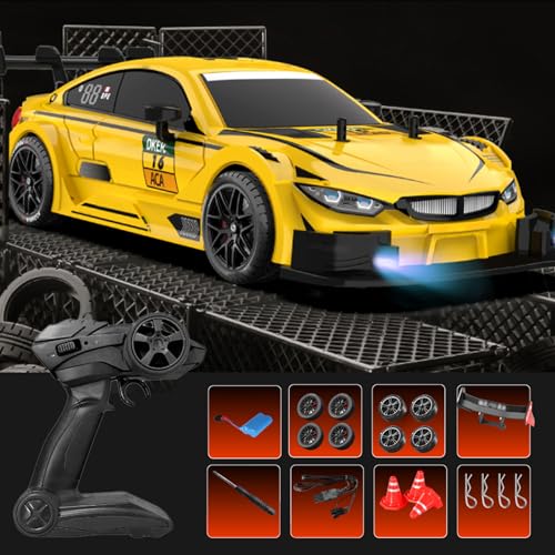 RC Drift Car, 4WD High Speed 40KM/H Racing Car, 2.4GHz 1:16 Scale RC Cars with LED Lights Drifting Tire Racing Sport Toy for Adults Teen Gift 2Pcs Rechargeable Battery